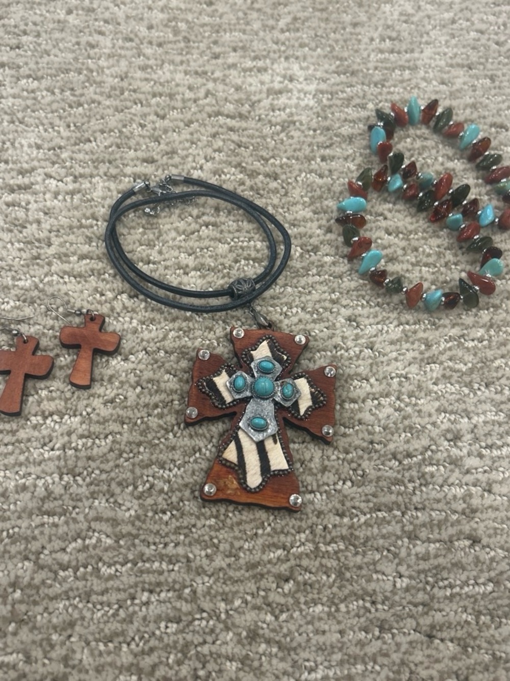 Brown Wood Cross Necklace with Turquoise Accents